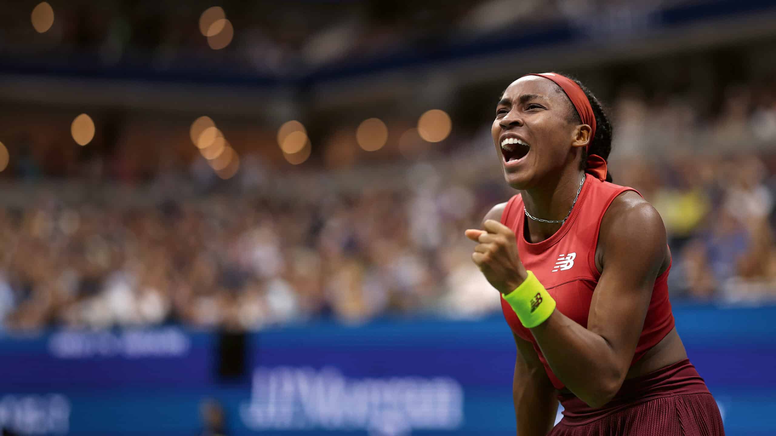 NEW YORK, NEW YORK - SEPTEMBER 09: Coco Gauff of the United States celebrates a point against Aryna Sabalenka of Belarus during their Women's Singles Final match on Day Thirteen of the 2023 US Open at the USTA Billie Jean King National Tennis Center on September 09, 2023 in the Flushing neighborhood of the Queens borough of New York City. (Photo by Elsa/Getty Images)